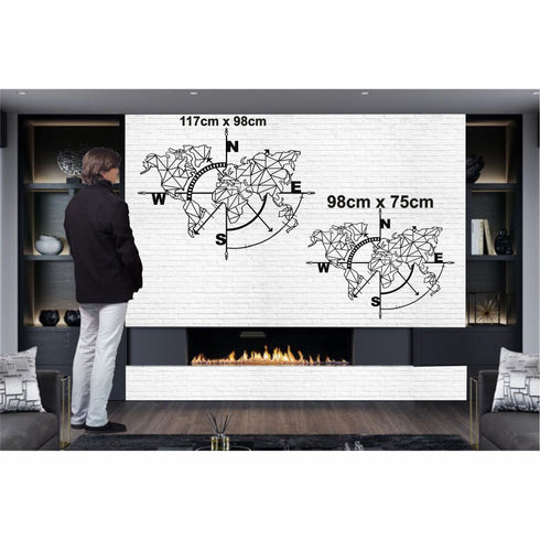 Metal World Map Wall Art, Geometric World Map Compass, Metal Wall Decor Home Office Decoration, Wall Hanging, Black White Gold Silver Bronze