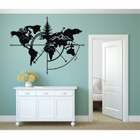 Metal World Map Wall Art, Mountain Design World Map Compass, Metal Wall Decor, Interior Decoration, Wall Hanging, Home Office Decor