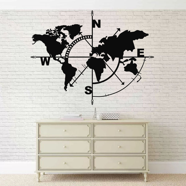 Metal World Map Wall Art, World Map Compass Continent, Metal Wall Decor, Interior Decoration, Wall Hanging Home Office Decor 5 Color Options