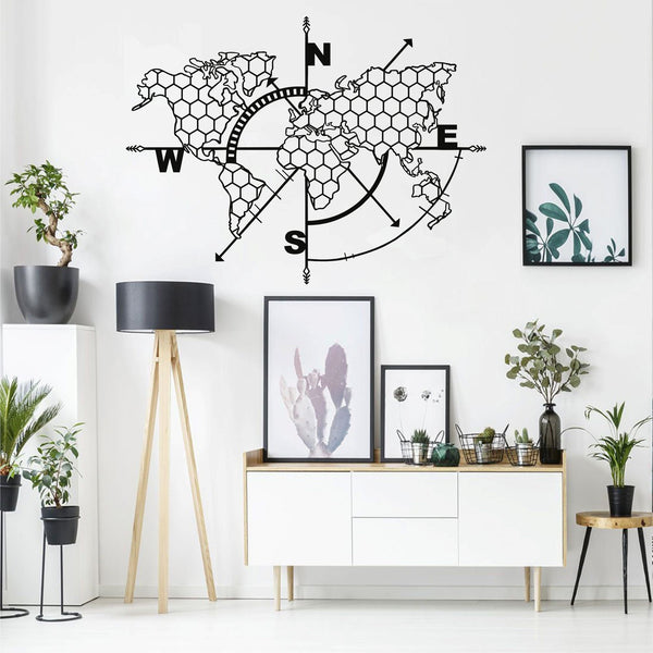 Metal World Map Wall Art, Honeycomb World Map Compass, Metal Wall Decor Home Office Decoration, Wall Hanging, Wall Hangings