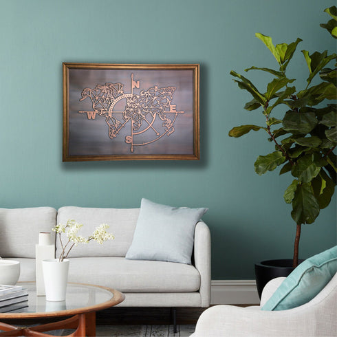 Copper Relief Wall Décor, Geometric World Map Wall Art, Copper Wall Art, Home Living Room Decoration, Compass World Map Decor