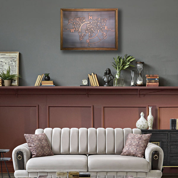 Copper Relief Wall Décor, Geometric World Map Wall Art, Copper Wall Art, Home Living Room Decoration, Compass World Map Decor