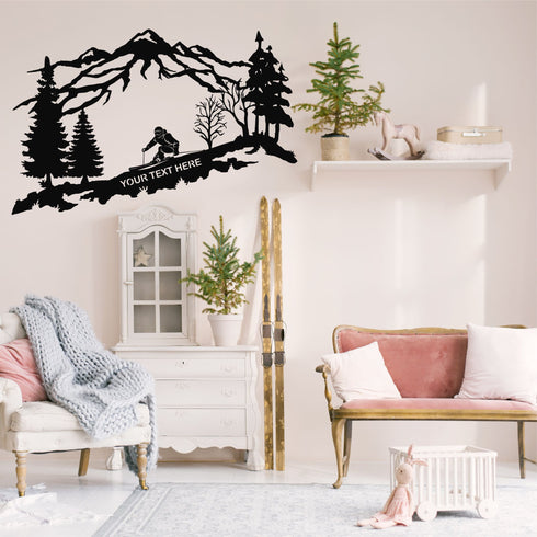 Metal Wall Decor, Personalized Metal Skier Wall Art, Mountain and Trees Art, Ski Lover Gift, Home Decoration Wall Hangings Custom Wall Sign