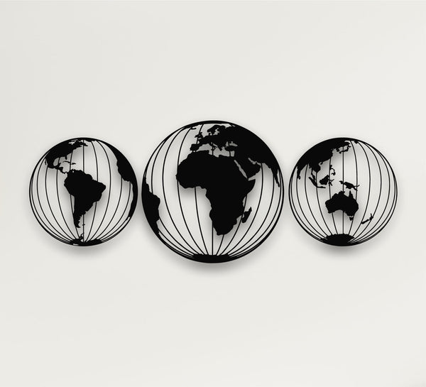 Metal World Map Wall Art, 3 Globes World Map Decor, Metal Wall Decor, Interior Decoration, Wall Hanging, Home Living Room Decor