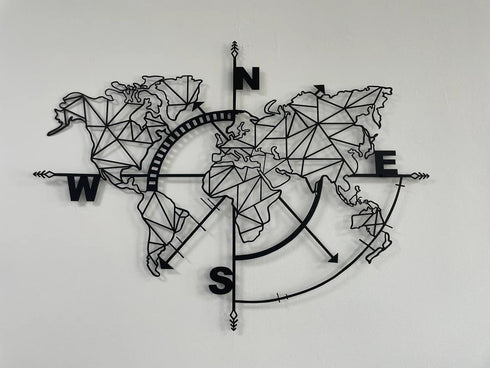 Metal World Map Wall Art, Geometric World Map Compass, Metal Wall Decor Home Office Decoration, Wall Hanging, Black White Gold Silver Bronze