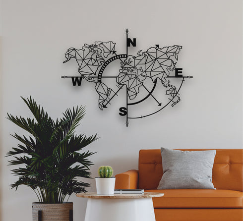 Metal World Map Wall Art, Geometric World Map Compass, Metal Wall Decor Home Office Decoration, Wall Hanging, Black White Gold Silver Bronze