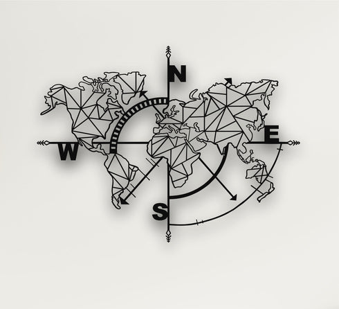 Metal World Map Wall Art, Geometric World Map Compass, Metal Wall Decor Home Office Decoration, Wall Hanging, Black White Gold Silver Bronze