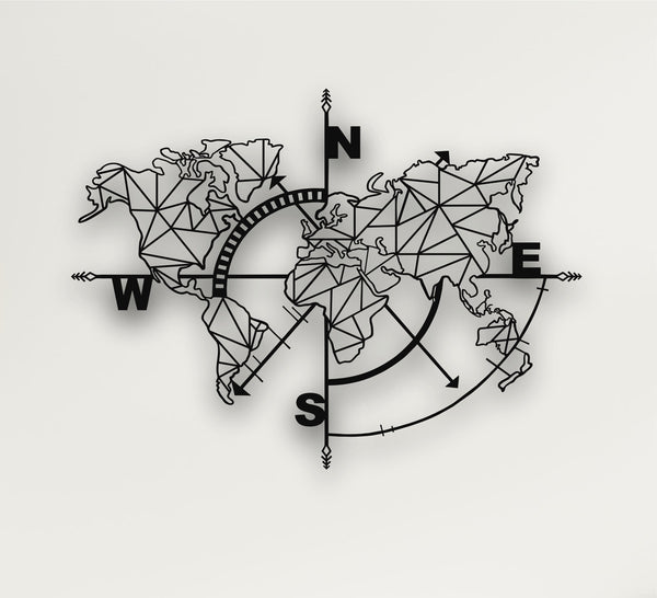 Metal World Map Wall Art, Geometric World Map Compass, Metal Wall Decor Home Office Decoration, Wall Hanging, Black White Gold Silver Bronze