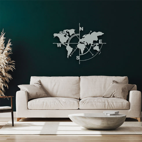 Metal World Map Wall Art, World Map Compass , Large Metal Wall Decor, Interior Decoration, Home Office Living Room Entryway Wall Hanging