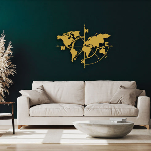 Metal World Map Wall Art, World Map Compass , Large Metal Wall Decor, Interior Decoration, Home Office Living Room Entryway Wall Hanging