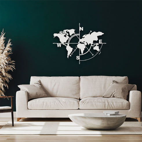 Metal World Map Wall Art, World Map Compass , Large Metal Wall Decor, Interior Decoration, Home Office Living Room Entryway Wall Hanging
