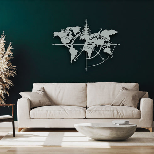 Metal World Map Wall Art, Mountain Design World Map Compass, Metal Wall Decor, Interior Decoration, Wall Hanging, Home Office Decor