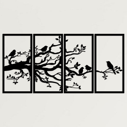 Tree of Life 4 Panels, Birds and Branch Metal Tree Wall Art, Metal Wall Decor, 4 Pieces Wall Hangings, Home Living Room Entryway Decoration