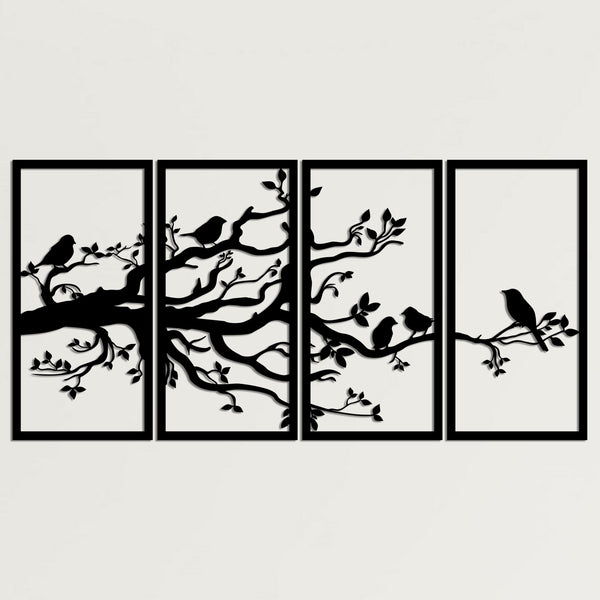 Tree of Life 4 Panels, Birds and Branch Metal Tree Wall Art, Metal Wall Decor, 4 Pieces Wall Hangings, Home Living Room Entryway Decoration