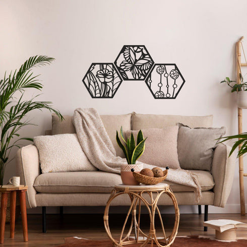 Hexagon Metal Wall Art, Floral and Geometric Wall Signs, Living Room Decoration, Metal Wall Hangings, Home Decor, Metal Wall Decor Sets