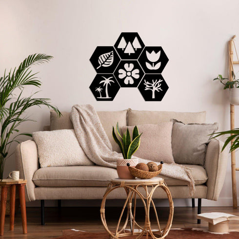 Hexagon Metal Wall Art, Nature, Plants and Tree Wall Signs, Living Room Decoration, Metal Wall Hangings, Home Decor, Metal Wall Decor Sets