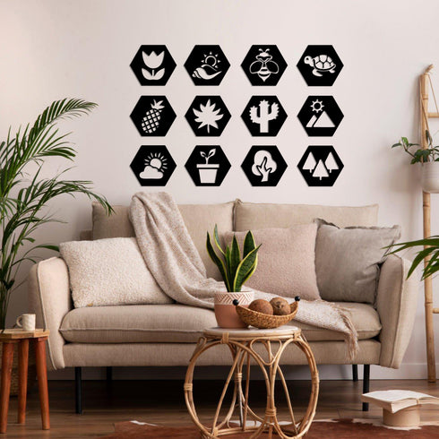 Hexagon Metal Wall Art, Nature, Plants and Tree Wall Signs, Living Room Decoration, Metal Wall Hangings, Home Decor, Metal Wall Decor Sets