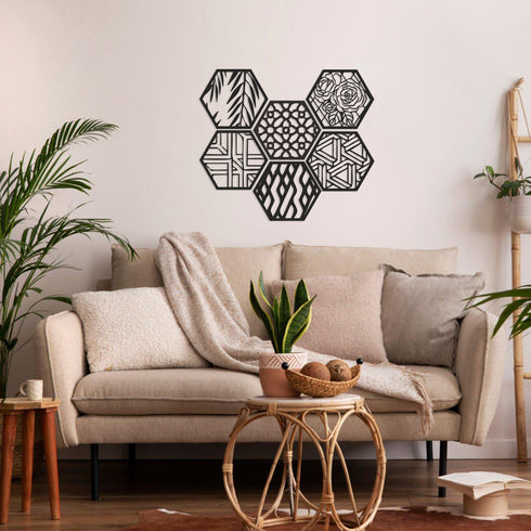 Hexagon Metal Wall Art, Floral and Geometric Wall Signs, Living Room Decoration, Metal Wall Hangings, Home Decor, Metal Wall Decor Sets
