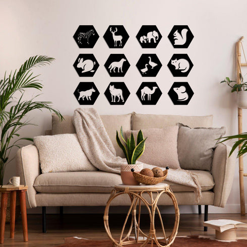 Hexagon Metal Wall Art, Animals Wall Signs, Living Room Decoration, Metal Wall Hangings, Home Decor, Metal Wall Decor Sets