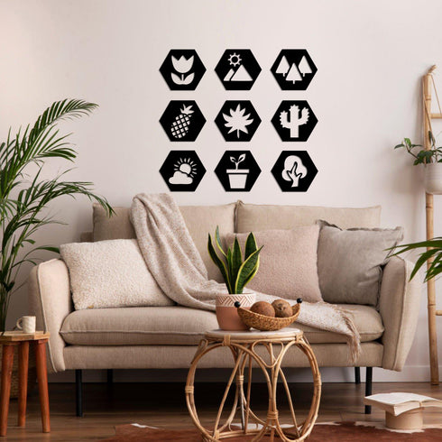 Hexagon Metal Wall Art, Nature, Plants and Tree Wall Signs, Living Room Decoration, Metal Wall Hangings, Home Decor, Metal Wall Decor Sets